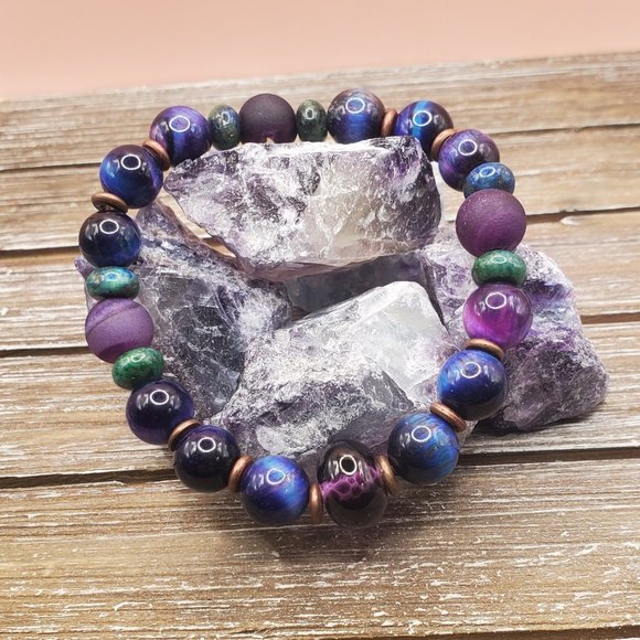 GalaxyTigers Eye, Druzy Agate, Chrysocolla, Copper and Lampwork Beaded Bracelet
